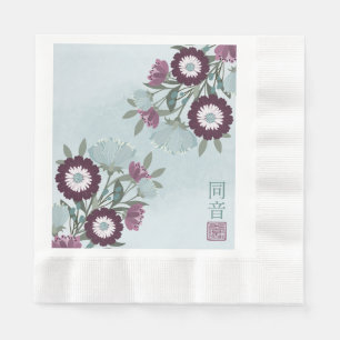 Plum gerbera daisy blue floral bouquet Asian art Napkins