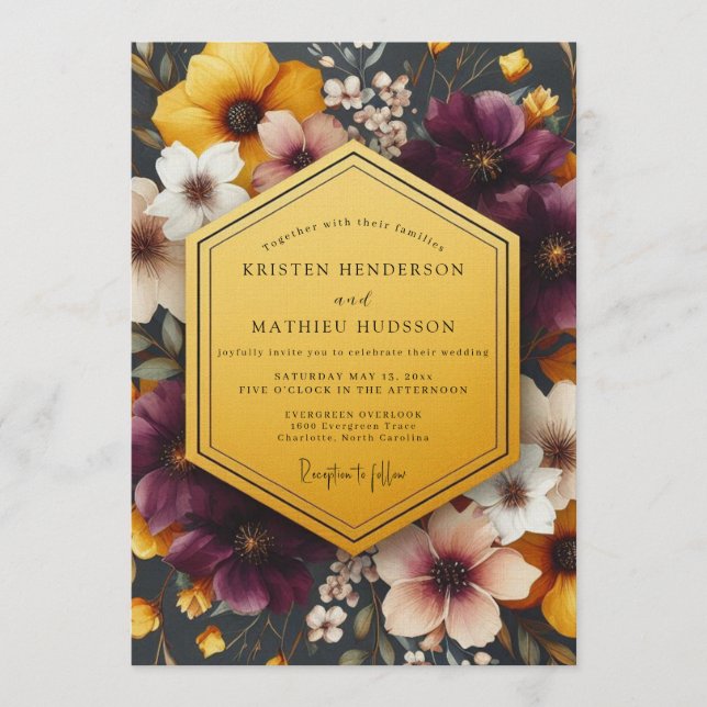 Plum Gilded Floral Wedding Invitation (Front)