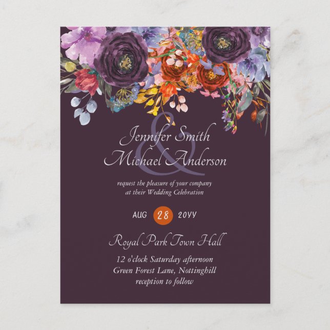 Plum Ginger Fuchsia Floral Wedding Invites Budget (Front)