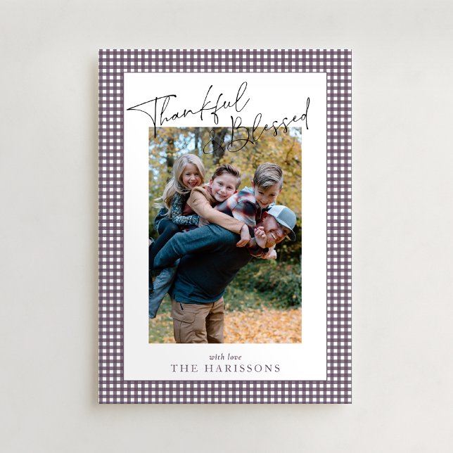 Plum Gingham Thankful & Blessed Thanksgiving Photo Invitation (Creator Uploaded)