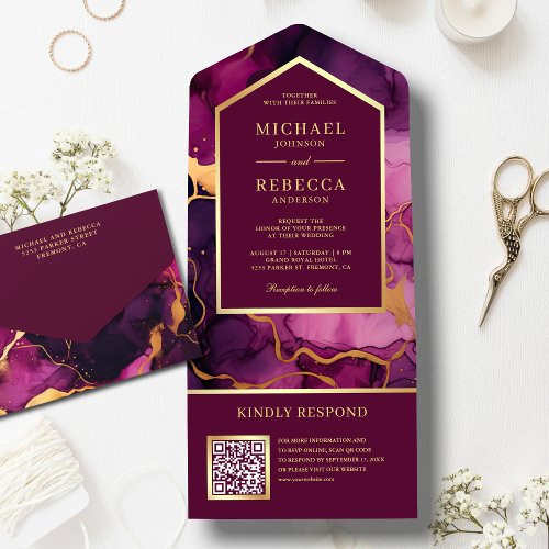Plum Gold Abstract Fluid Ink QR Code Wedding All In One Invitation