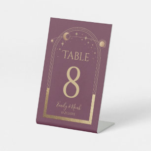 Plum Gold Celestial Wedding Table Number Pedestal Sign