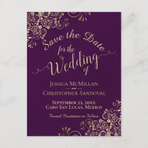 Plum & Gold Chic Calligraphy Wedding Save the Date Announcement Postcard