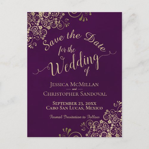 Plum  Gold Chic Calligraphy Wedding Save the Date Announcement Postcard