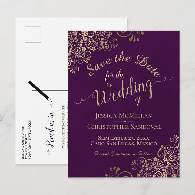 Plum & Gold Chic Calligraphy Wedding Save the Date Announcement Postcard (Front/Back)