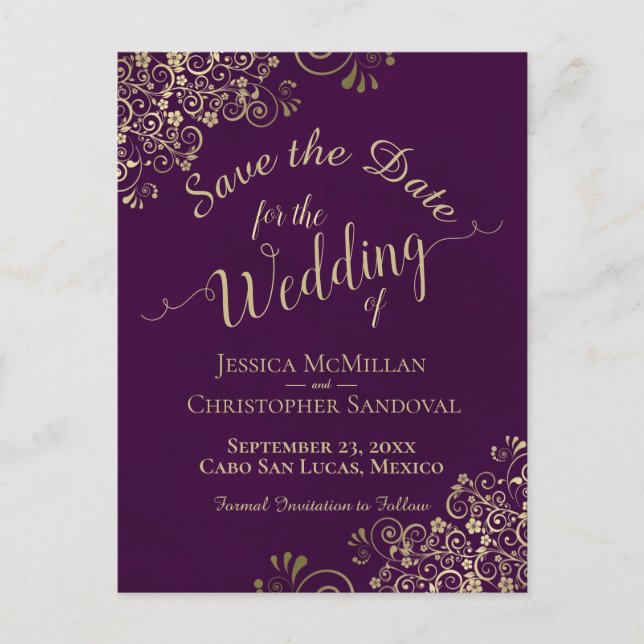 Plum & Gold Chic Calligraphy Wedding Save the Date Announcement Postcard (Front)