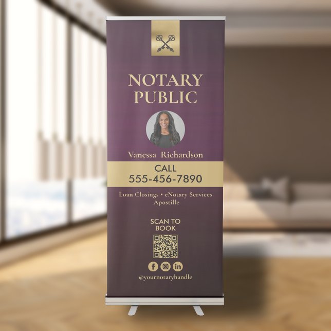Plum & Gold Cross Skeleton Key Notary Photo QR  Retractable Banner (Creator Uploaded)