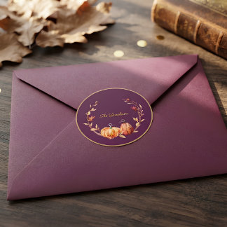 Plum Gold Fall Botanical Pumpkin Wreath Custom  Classic Round Sticker