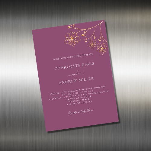 Plum gold floral wedding invitation magnet