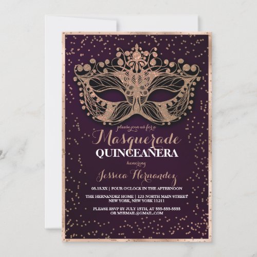 Plum Gold Glitter Confetti Masquerade Quinceaera Invitation