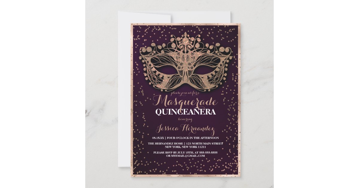 Plum Gold Glitter Confetti Masquerade Quinceañera Invitation | Zazzle