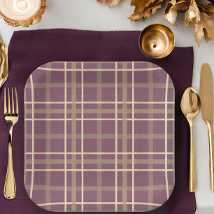 Plum gold glitter plaid fall thanksgiving party paper plates
