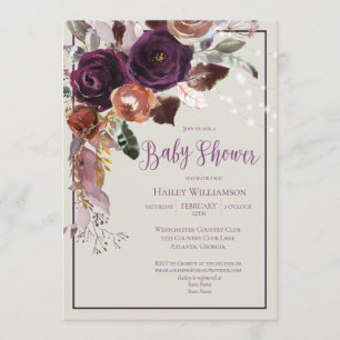 Plum, Gold, Green Floral String Lights Baby Shower Invitation