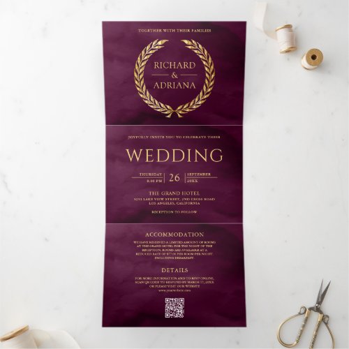 Plum Gold Laurel Minimal QR Code Wedding Tri-Fold Invitation