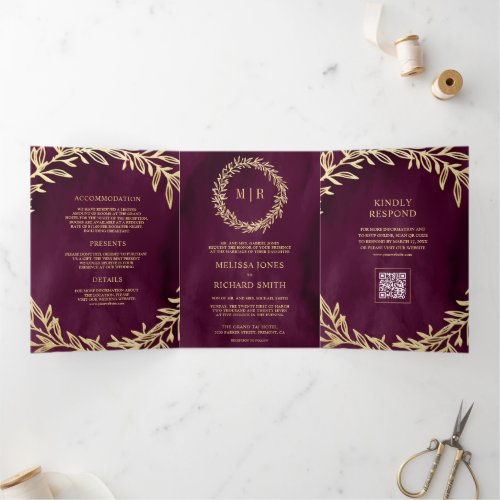 Plum Gold Leaf Branch QR Code Wedding Tri-Fold Invitation