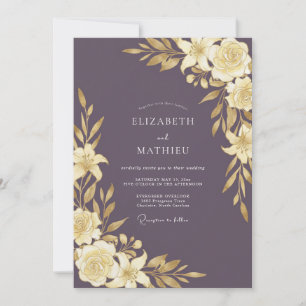 Plum Gold Leafy Wedding Invitation