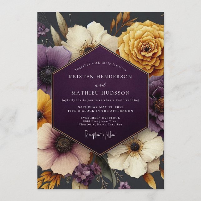 Plum & Gold Moody Floral Wedding Invitation (Front)