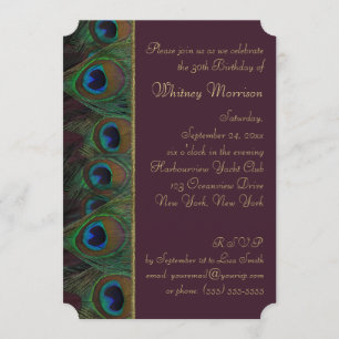 Plum, Gold Peacock Feathers Birthday Invitation