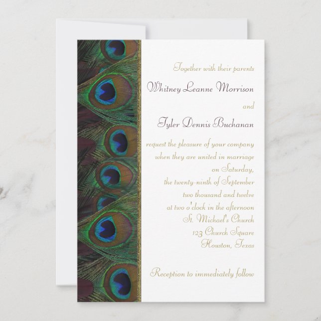 Plum, Gold Peacock Feathers Wedding Invitation (Front)