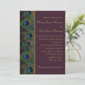 Plum, Gold Peacock Feathers Wedding Invitation (Standing Front)