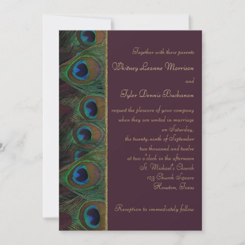 Plum, Gold Peacock Feathers Wedding Invitation