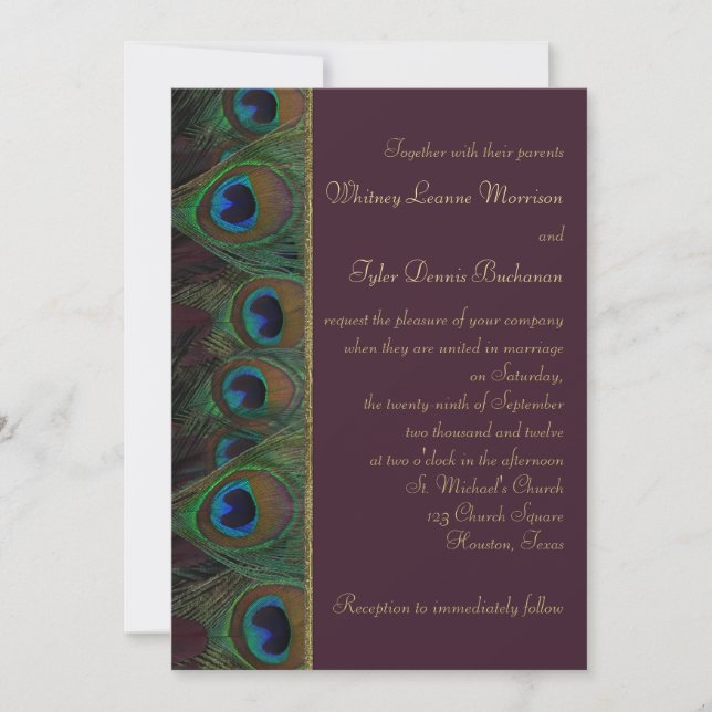 Plum, Gold Peacock Feathers Wedding Invitation (Front)