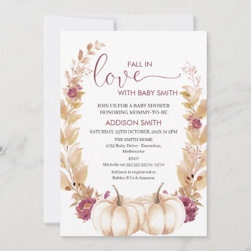 Plum Gold Pumpkin Fall In Love Baby Shower  Invitation