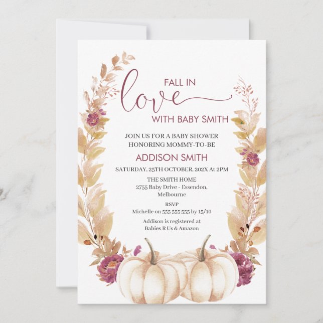 Plum Gold Pumpkin Fall In Love Baby Shower  Invitation (Front)
