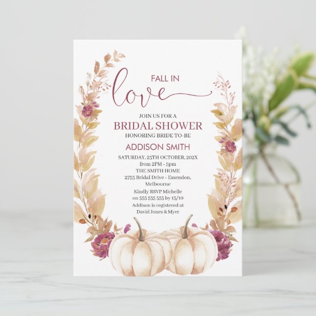 Plum Gold Pumpkin Fall In Love Bridal Shower Invitation (Standing Front)