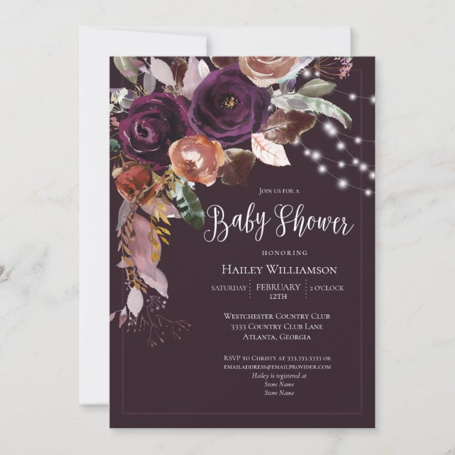 Plum, Gold, Purple Floral String Light Baby Shower Invitation (Front)