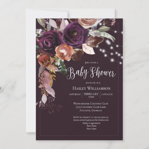 Plum Gold Purple Floral String Light Baby Shower Invitation