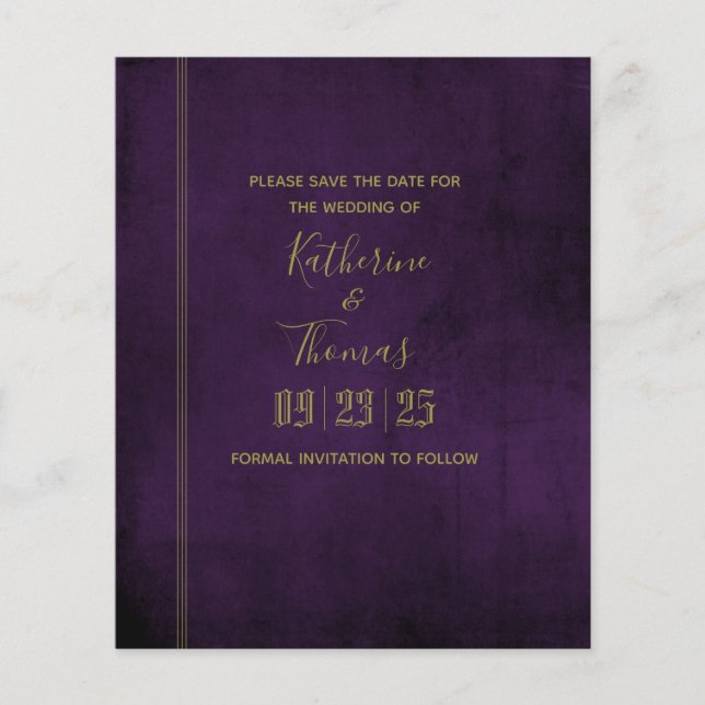Plum & Gold Regal Save The Date Budget Flyer (Front)