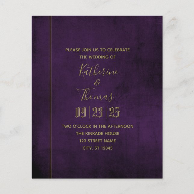 Plum & Gold Regal Wedding Invitation Budget Flyer (Front)
