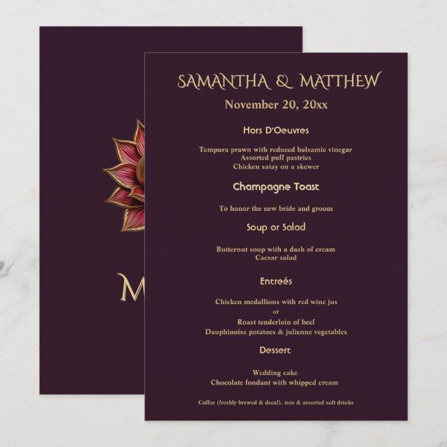 Plum Gold Wedding Menu Elegant Portrait Card (Front/Back)