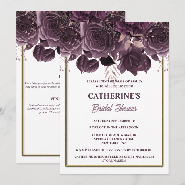 Plum gold white rose watercolor bridal shower chic invitation (Front/Back)