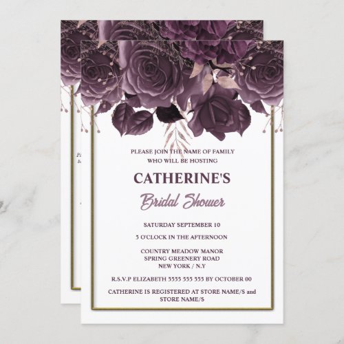 Plum gold white rose watercolor bridal shower chic invitation