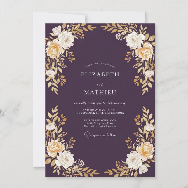 Plum Golden Botanical Wedding Invitation (Front)