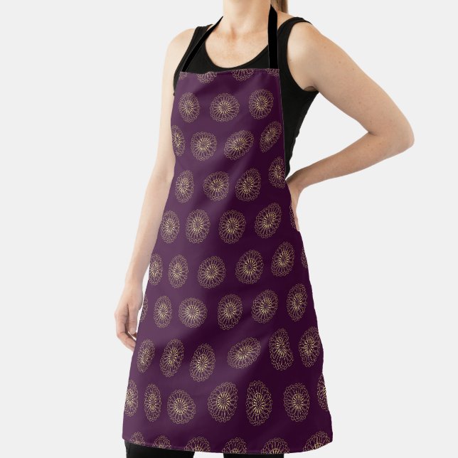 Plum | Golden Zinnia Flower Medallions Apron (Insitu)