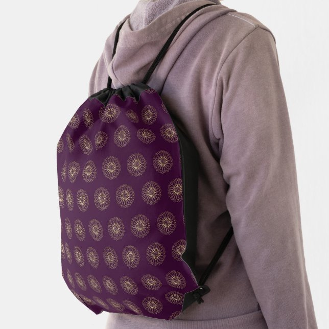 Plum | Golden Zinnia Flower Medallions Drawstring Bag (Insitu)