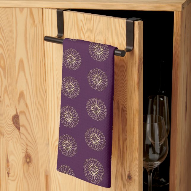Plum | Golden Zinnia Flower Medallions Kitchen Towel (Thirds Fold)