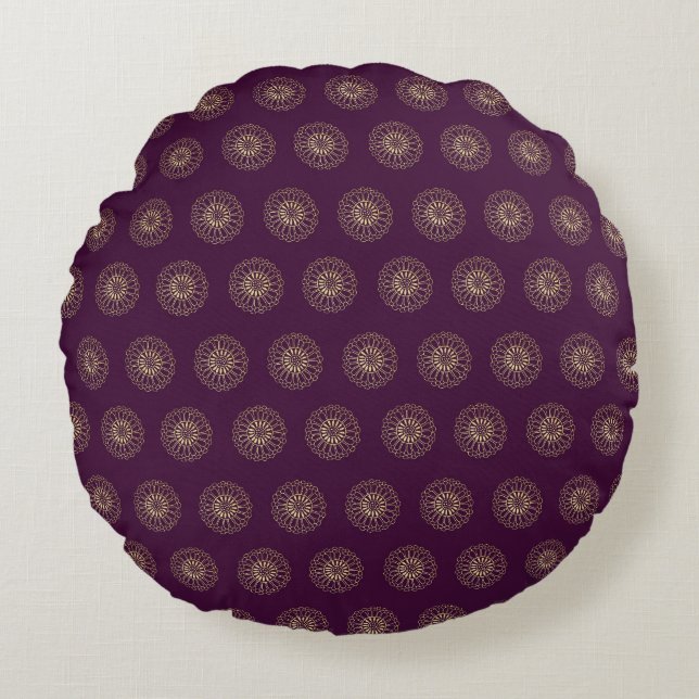 Plum | Golden Zinnia Flower Medallions Round Pillow (Front)