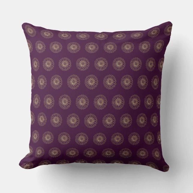 Plum | Golden Zinnia Flower Medallions Throw Pillow (Front)