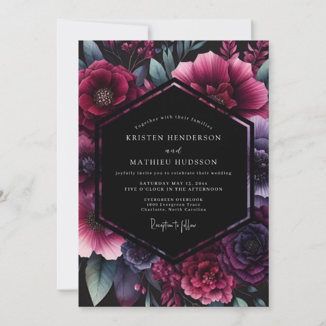 Plum Gothic Floral Wedding Invitation (Front)