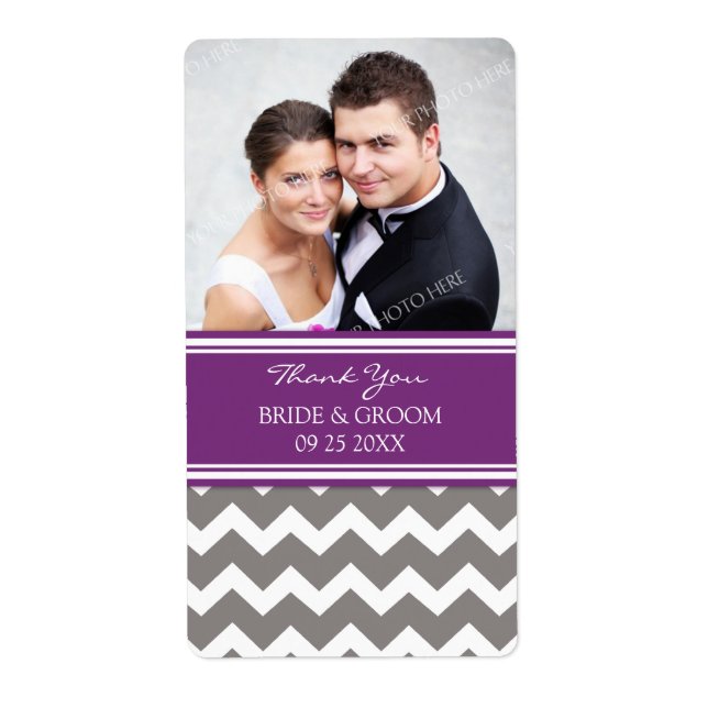 Plum Gray Chevron Photo Wedding Labels (Front)