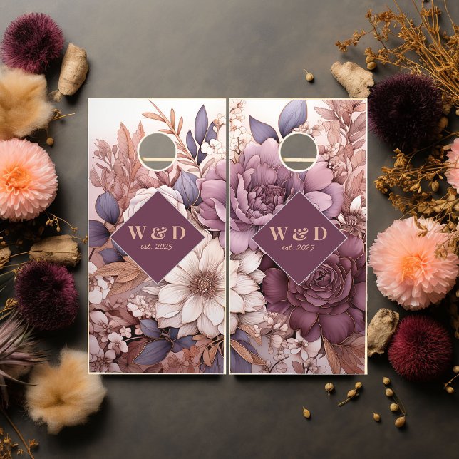 Plum, Gray, Copper and Dusty Rose Floral Wedding Cornhole Set (Plum, Gray, Copper and Dusty Rose Floral Wedding Cornhole Set)