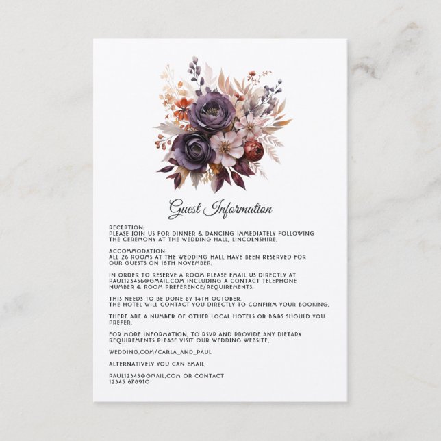 Plum, Gray, Copper and Dusty Rose Floral Wedding Enclosure Card (Front)