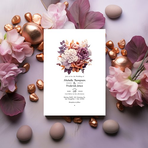 Plum Gray Copper and Dusty Rose Floral Wedding Invitation