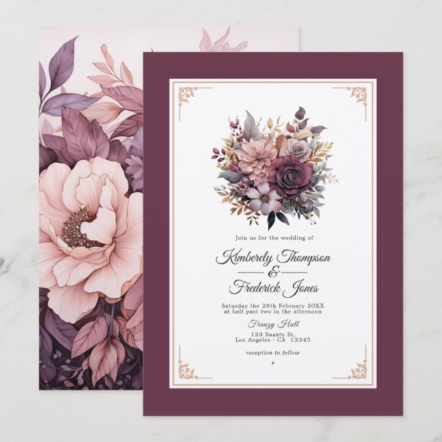 Plum, Gray, Copper and Dusty Rose Floral Wedding Invitation (Front/Back)