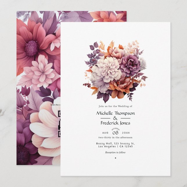 Plum, Gray, Copper and Dusty Rose Floral Wedding Invitation (Front/Back)