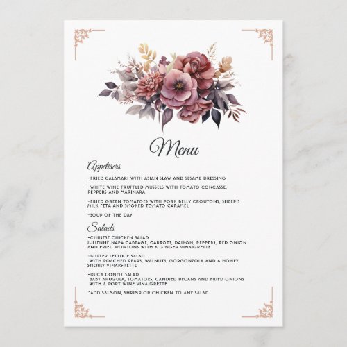 Plum Gray Copper and Dusty Rose Floral Wedding Menu